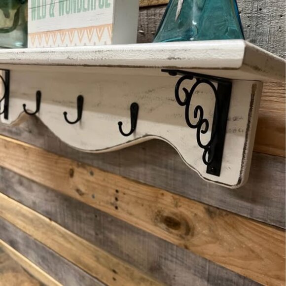 Rustic Off White Wall Shelf with Hooks and Wrought Iron Brackets - Picture 6 of 6